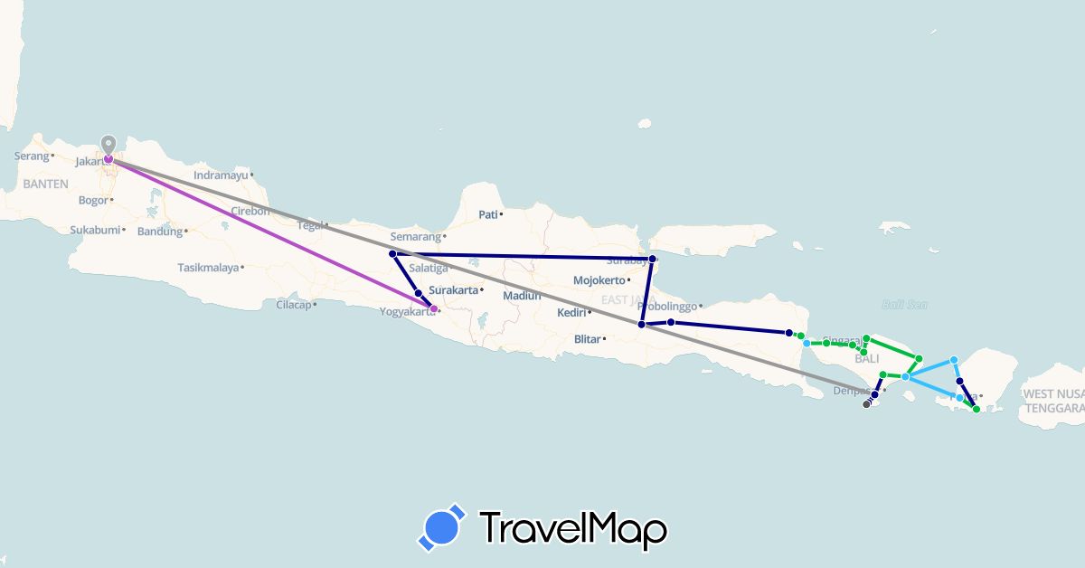 TravelMap itinerary: driving, bus, plane, train, boat, motorbike in Indonesia (Asia)